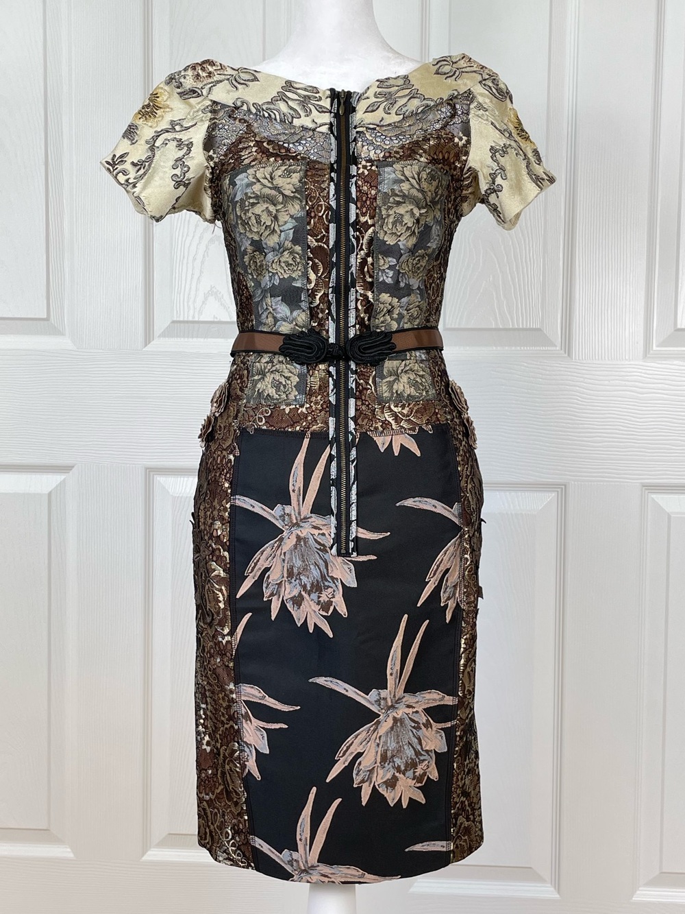Floral Panel Mixed-Print Sheath Dress - Black/Brown - Picture 2 of 9